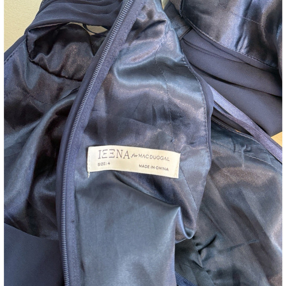 Mac Duggal Ieena Maxi Gown Dress Womens Size 4 Navy Blue High Neck Bow Pleated - Picture 4 of 7